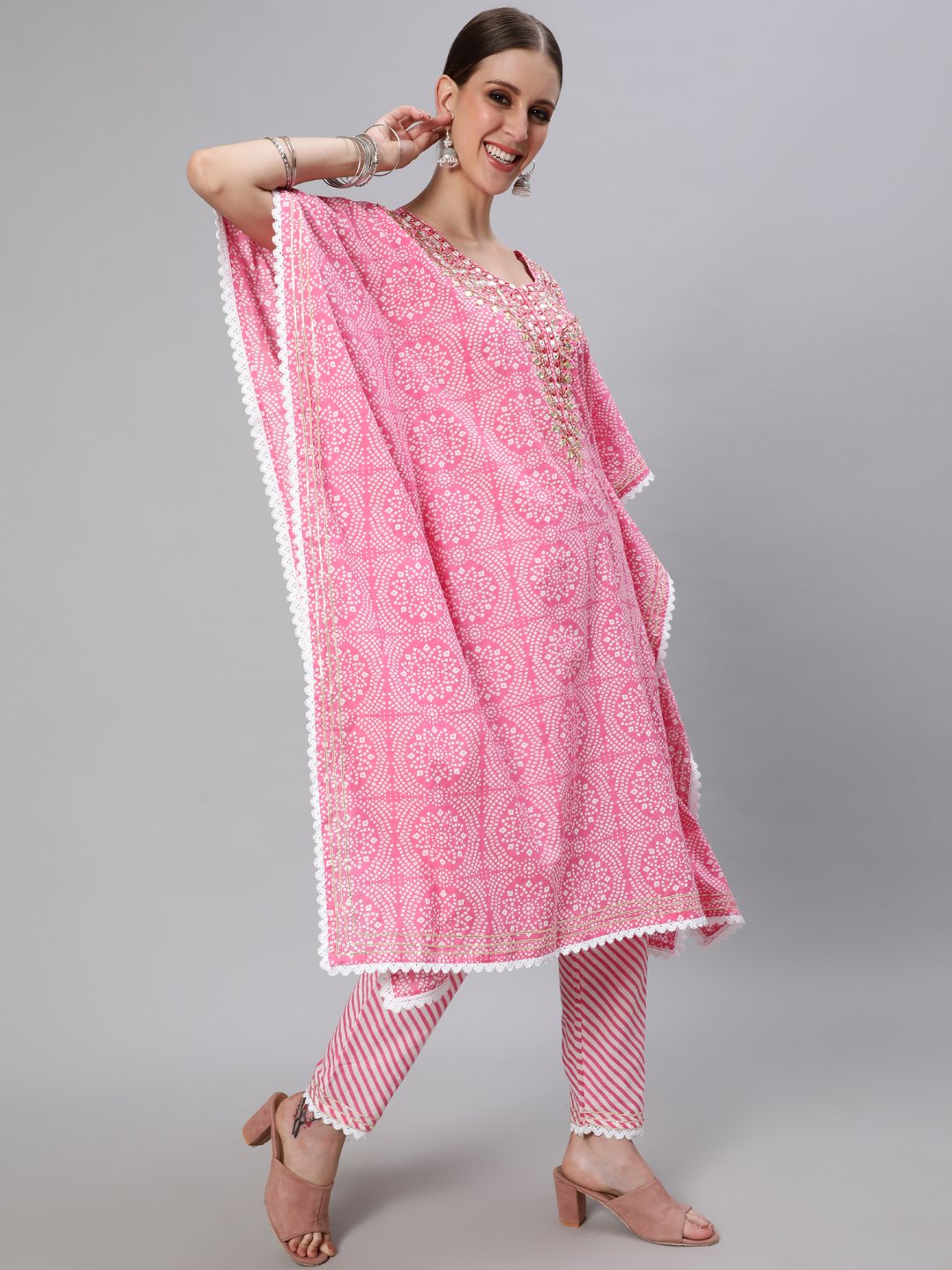 Ishin Women's Cotton Pink & White Embroidered Kaftan Kurta Trouser Set