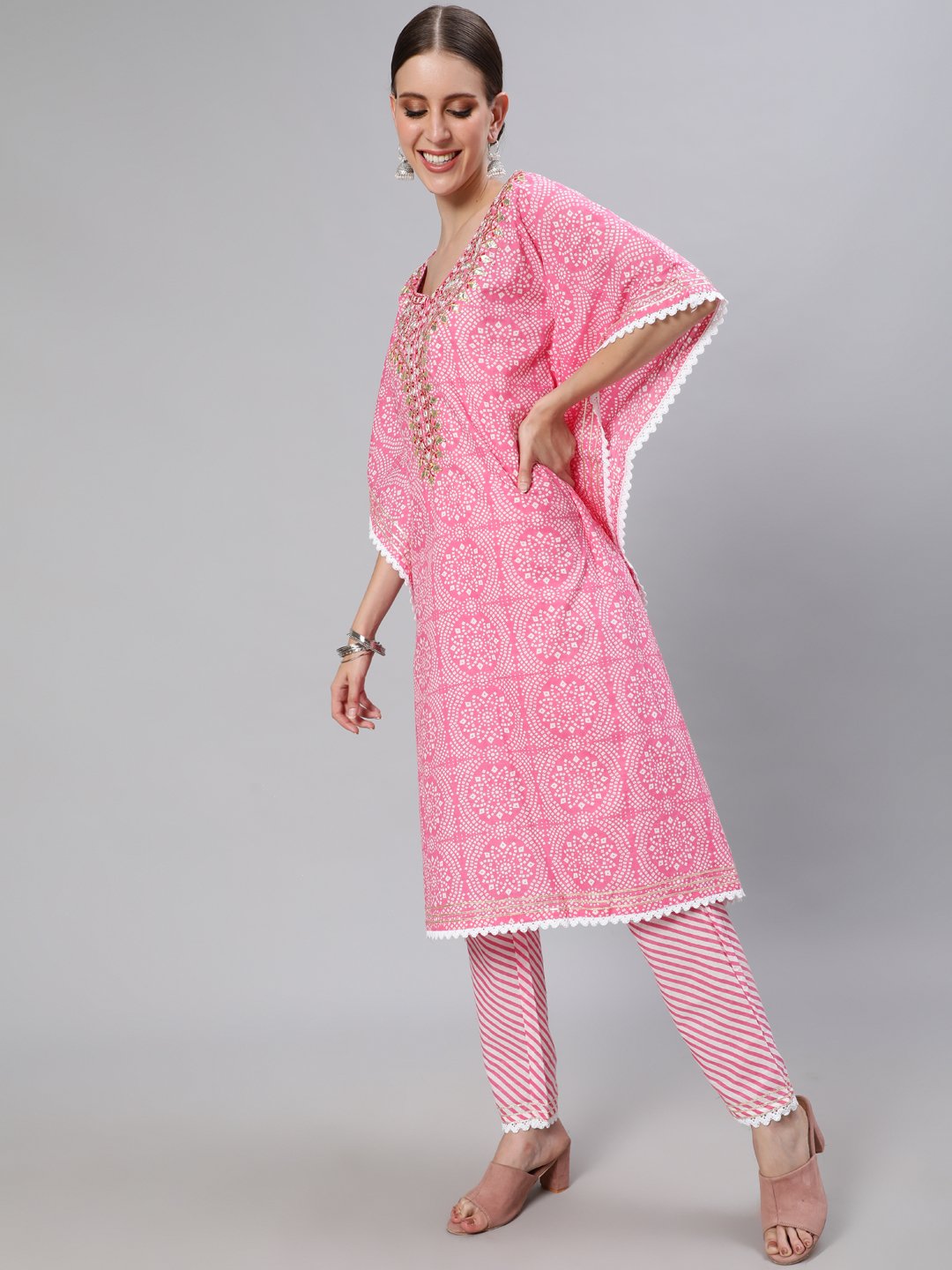 Ishin Women's Cotton Pink & White Embroidered Kaftan Kurta Trouser Set