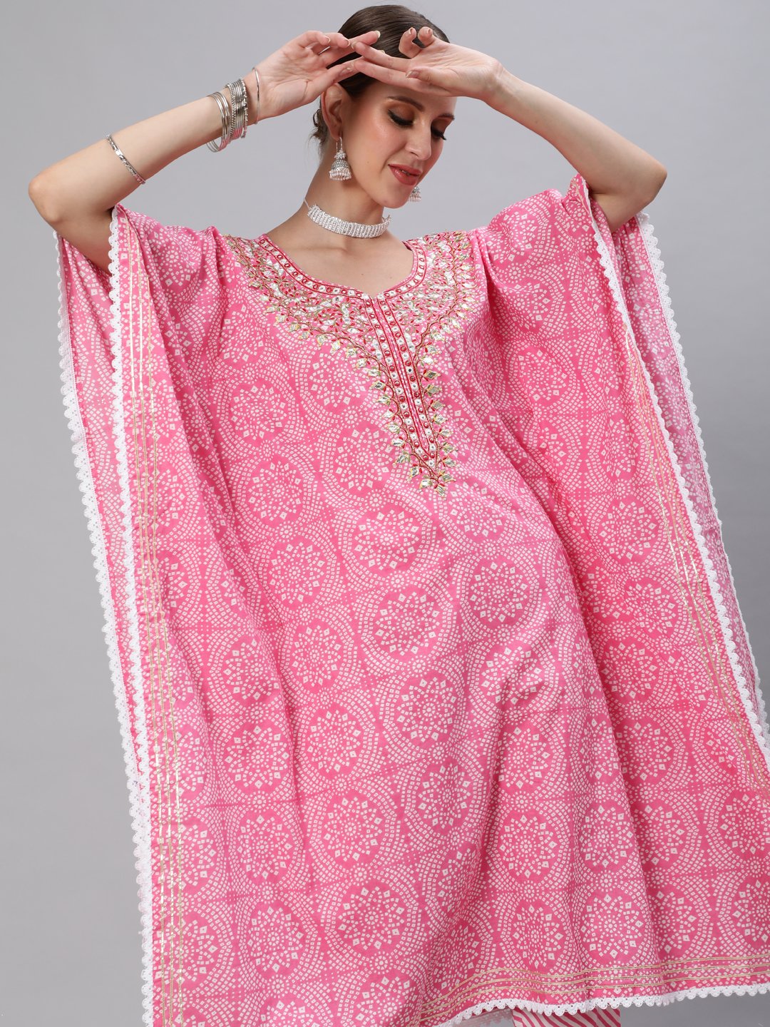 Ishin Women's Cotton Pink & White Embroidered Kaftan Kurta Trouser Set