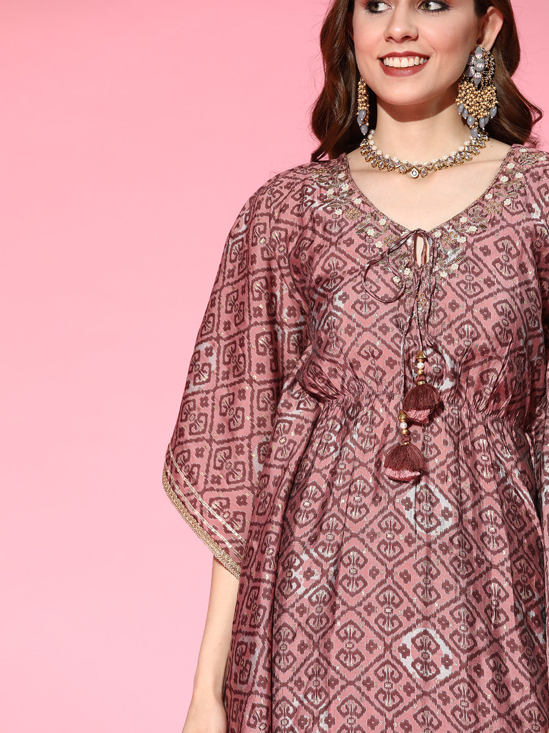 Ishin Women's Silk Blend Mauve Embroidered Kaftan Kurta Trouser Set
