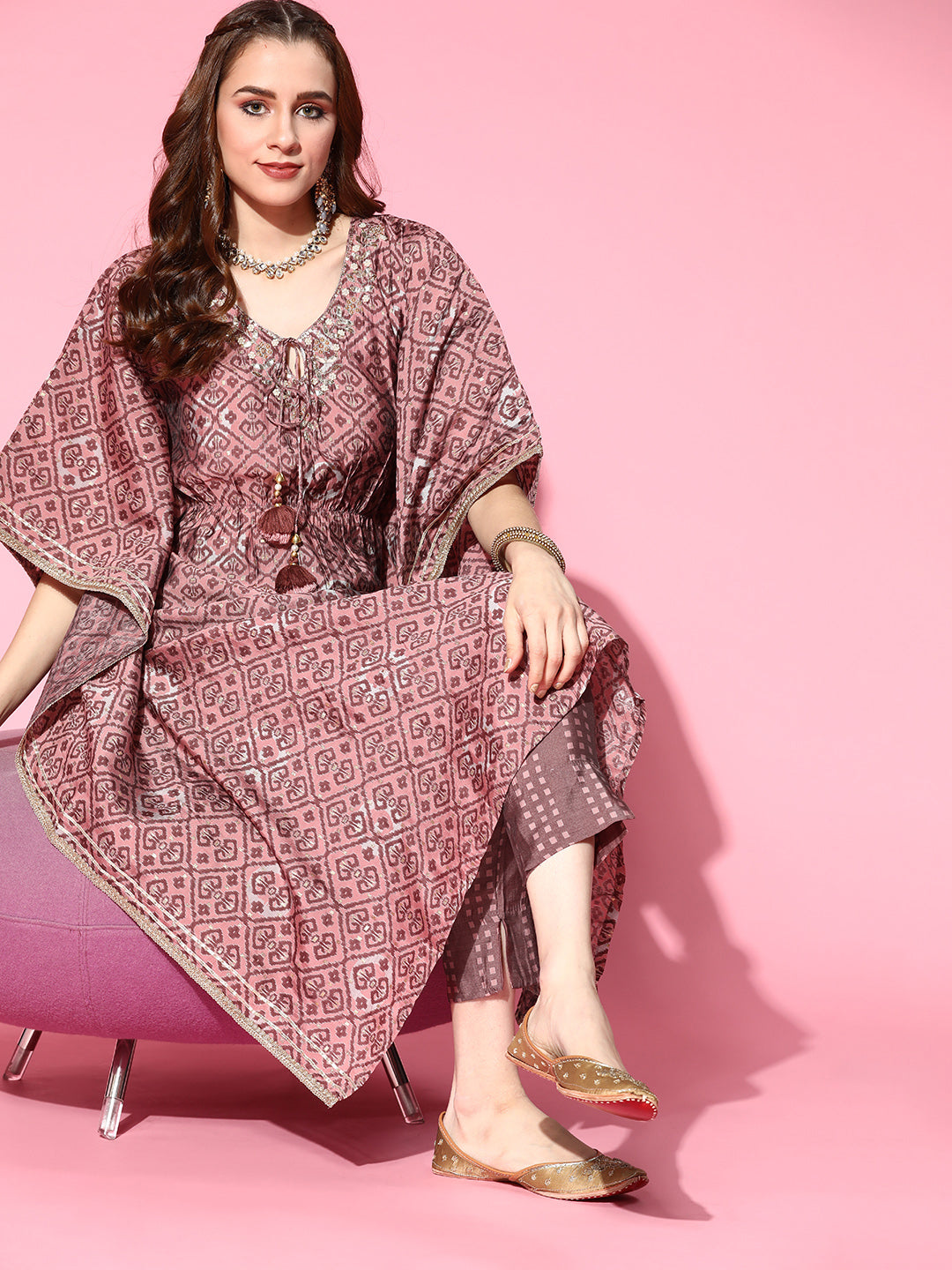 Ishin Women's Silk Blend Mauve Embroidered Kaftan Kurta Trouser Set