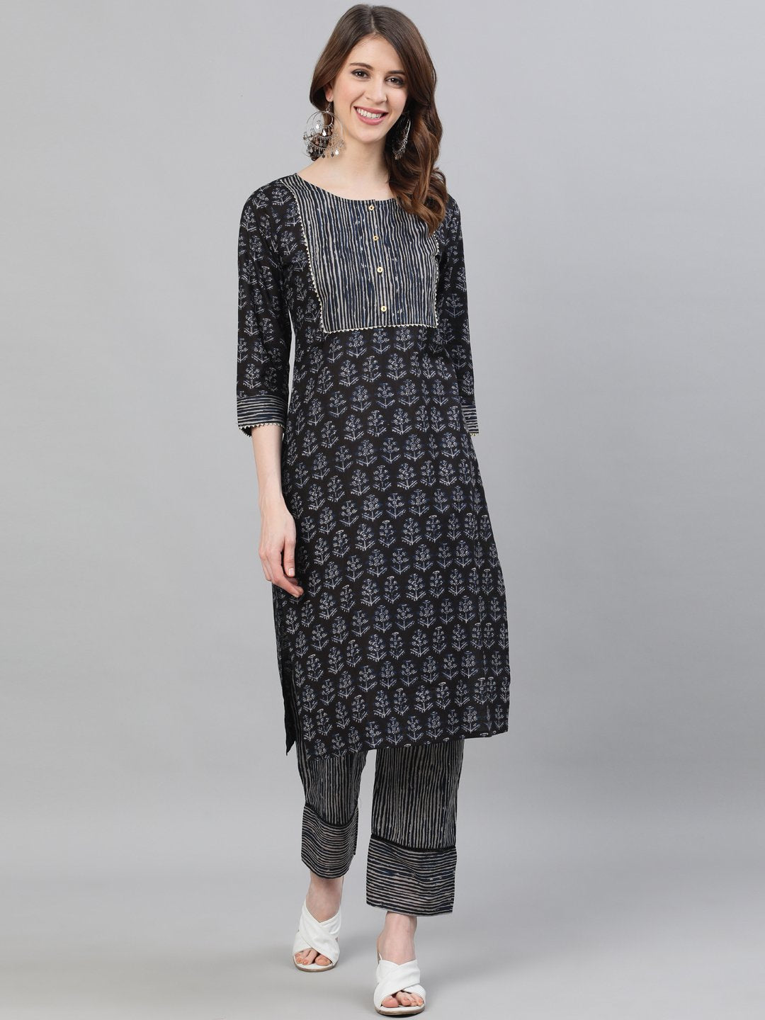 Ishin Women's Cotton Black Printed A-Line Kurta Trouser Set