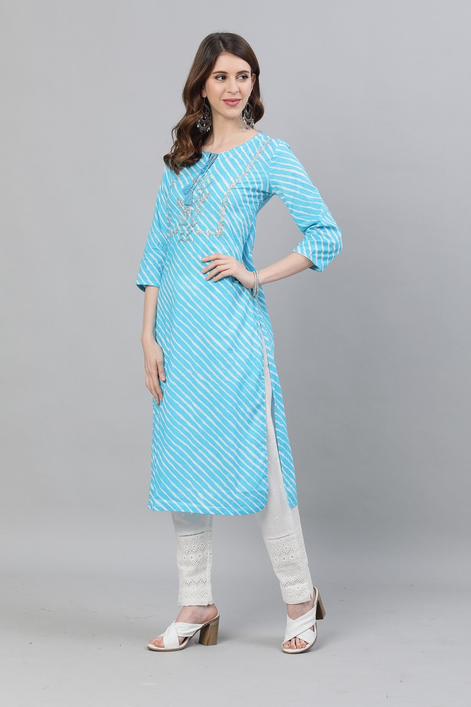 Ishin Women's Cotton Blue Leheriya Embroidered A-Line Kurta Trouser Dupatta Set