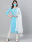 Ishin Women's Cotton Blue Leheriya Embroidered A-Line Kurta Trouser Dupatta Set