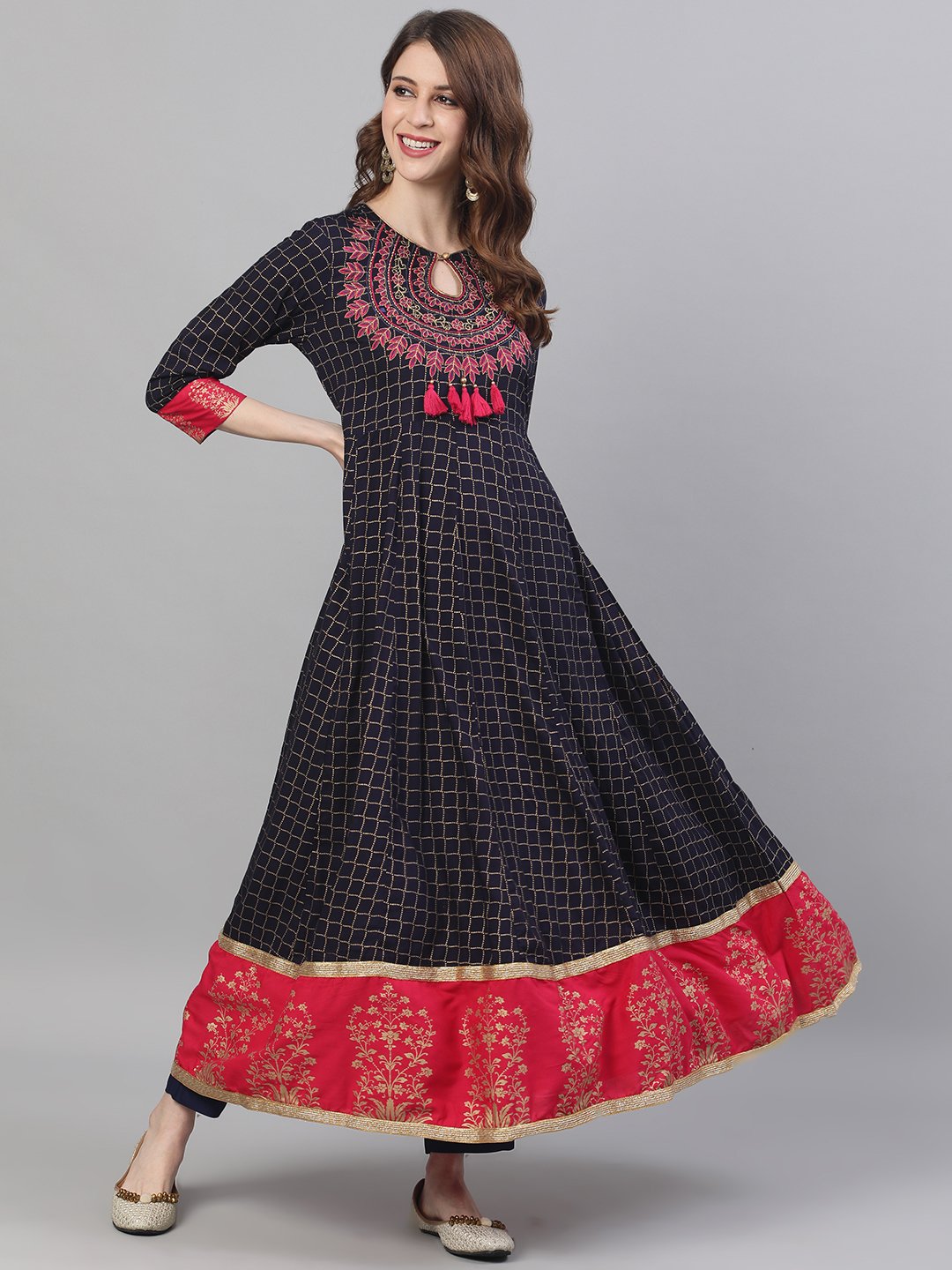 Ishin Women's Rayon Navy Blue Embroidered Anarkali Kurta