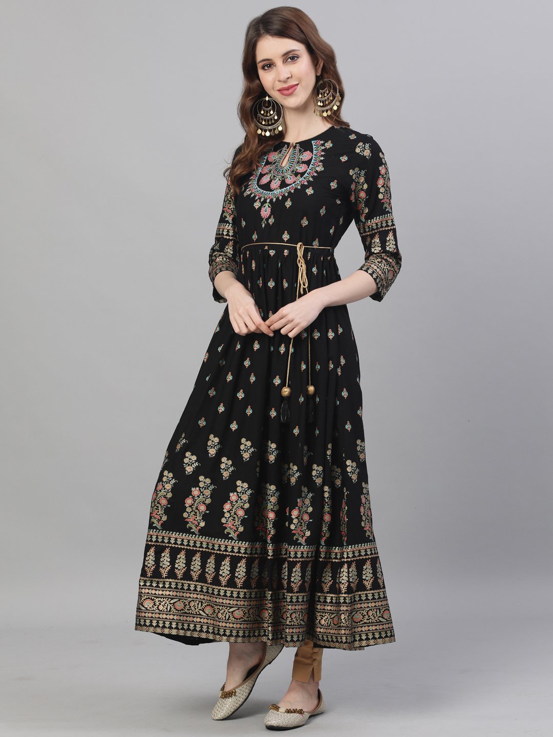 Ishin Women's Rayon Black Embroidered Anarkali Kurta