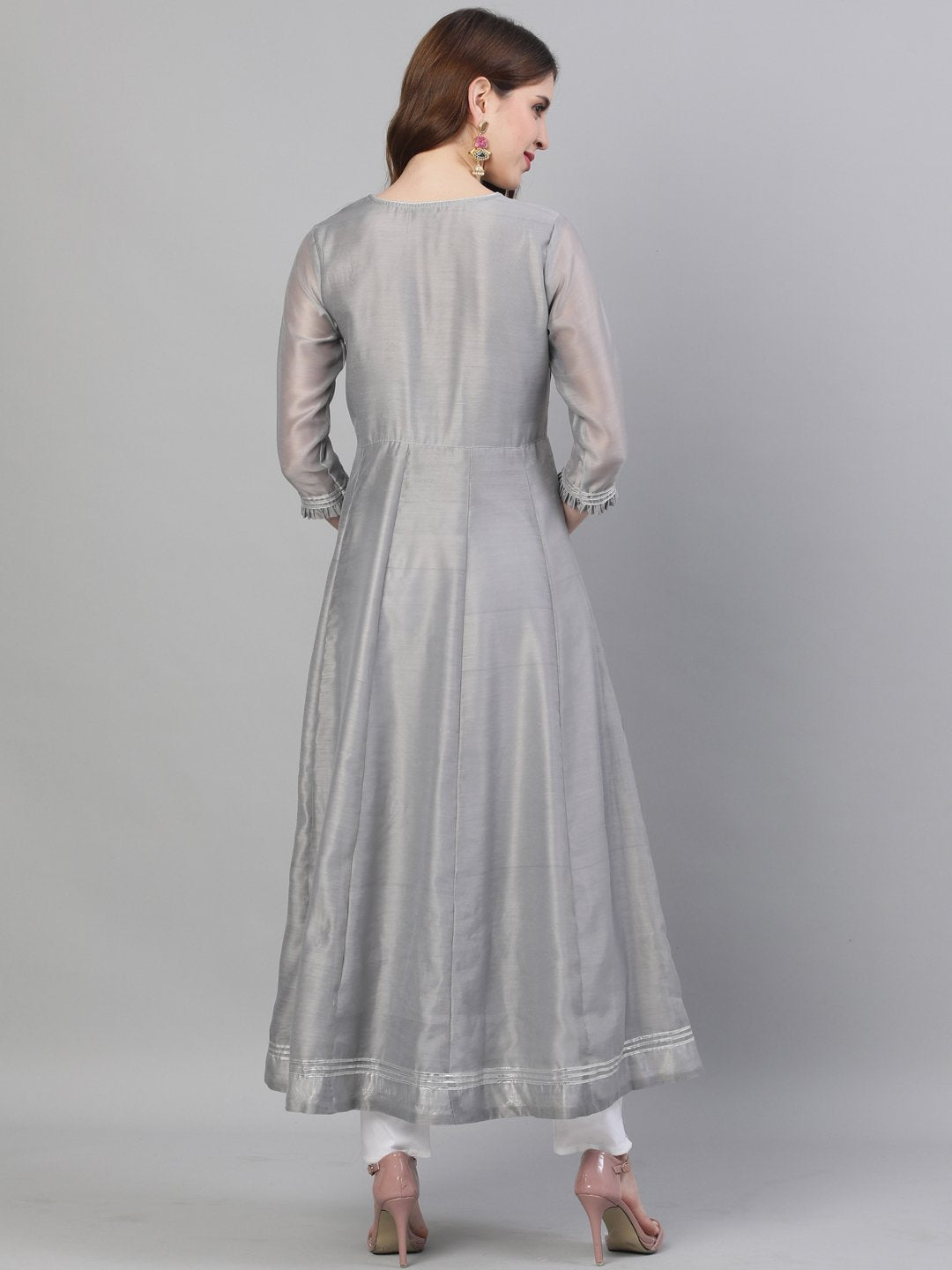 Ishin Women's Chanderi Silk Grey Embroidered Anarkali Kurta