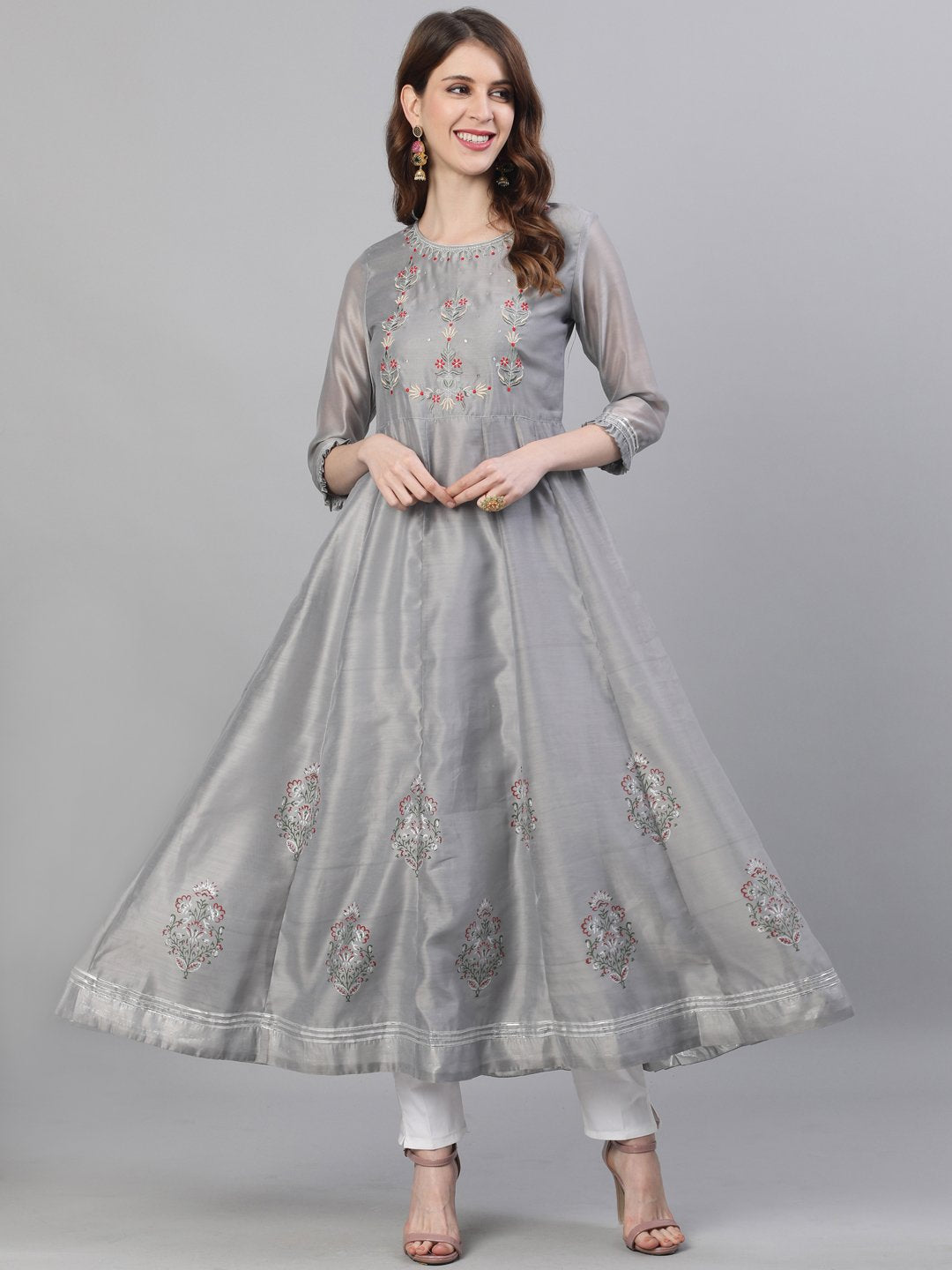 Ishin Women's Chanderi Silk Grey Embroidered Anarkali Kurta