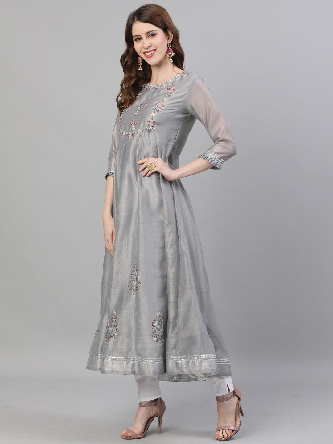 Ishin Women's Chanderi Silk Grey Embroidered Anarkali Kurta