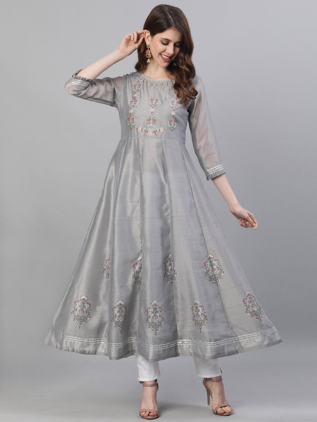 Ishin Women's Chanderi Silk Grey Embroidered Anarkali Kurta