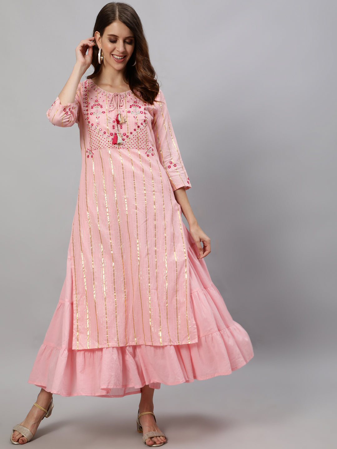 Ishin Women's Pink Zari Embroidered Flare Anarkali Layered Kurta
