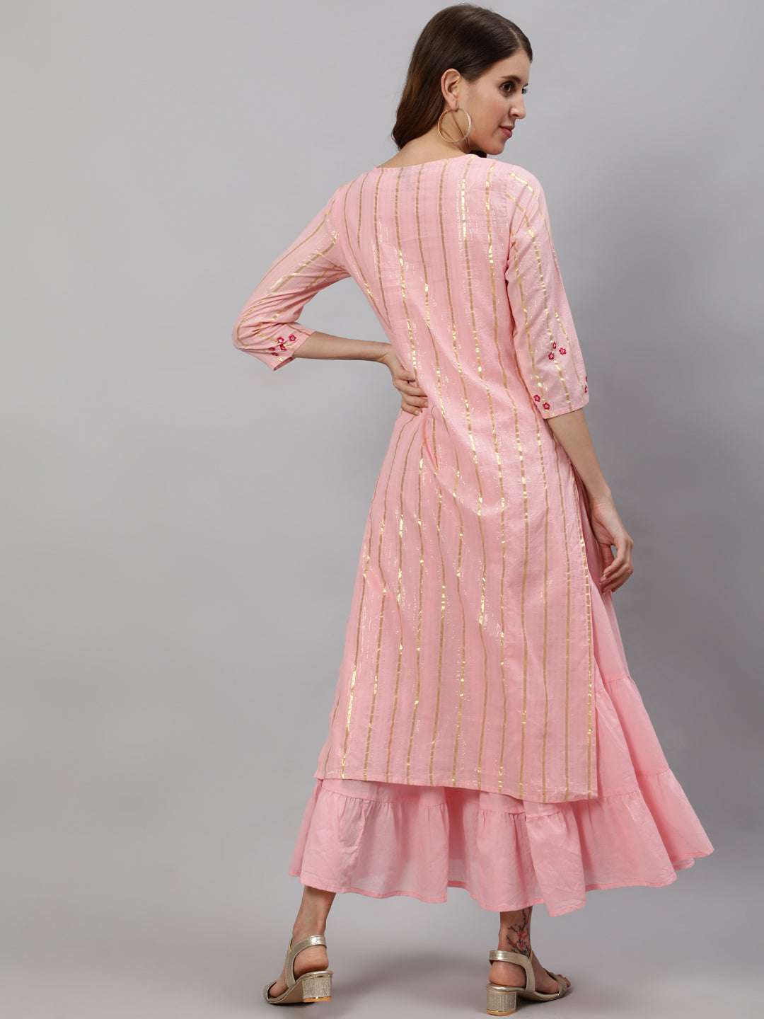 Ishin Women's Pink Zari Embroidered Flare Anarkali Layered Kurta