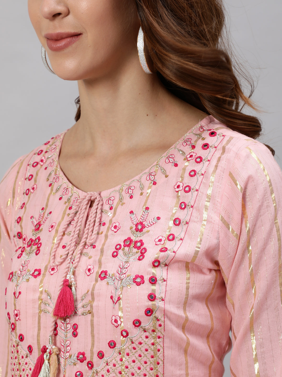 Ishin Women's Pink Zari Embroidered Flare Anarkali Layered Kurta