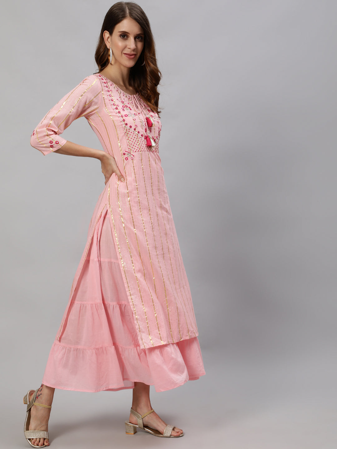 Ishin Women's Pink Zari Embroidered Flare Anarkali Layered Kurta