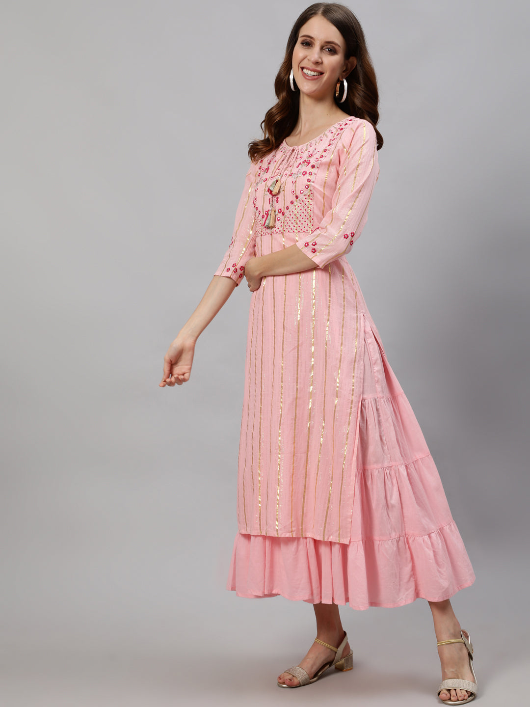 Ishin Women's Pink Zari Embroidered Flare Anarkali Layered Kurta