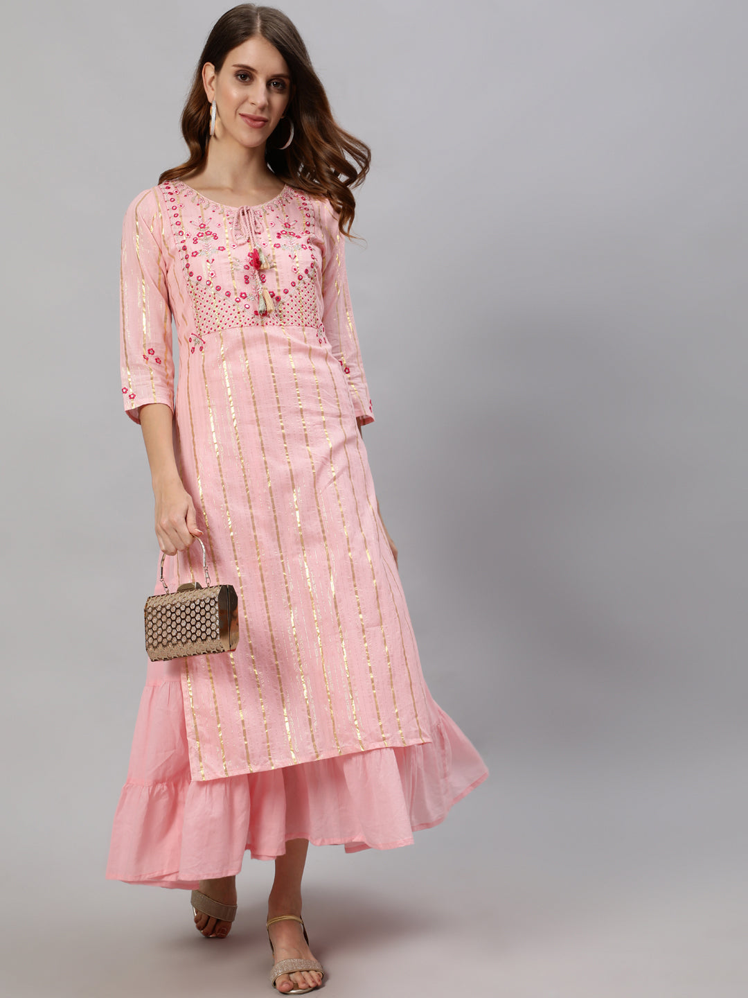 Ishin Women's Pink Zari Embroidered Flare Anarkali Layered Kurta