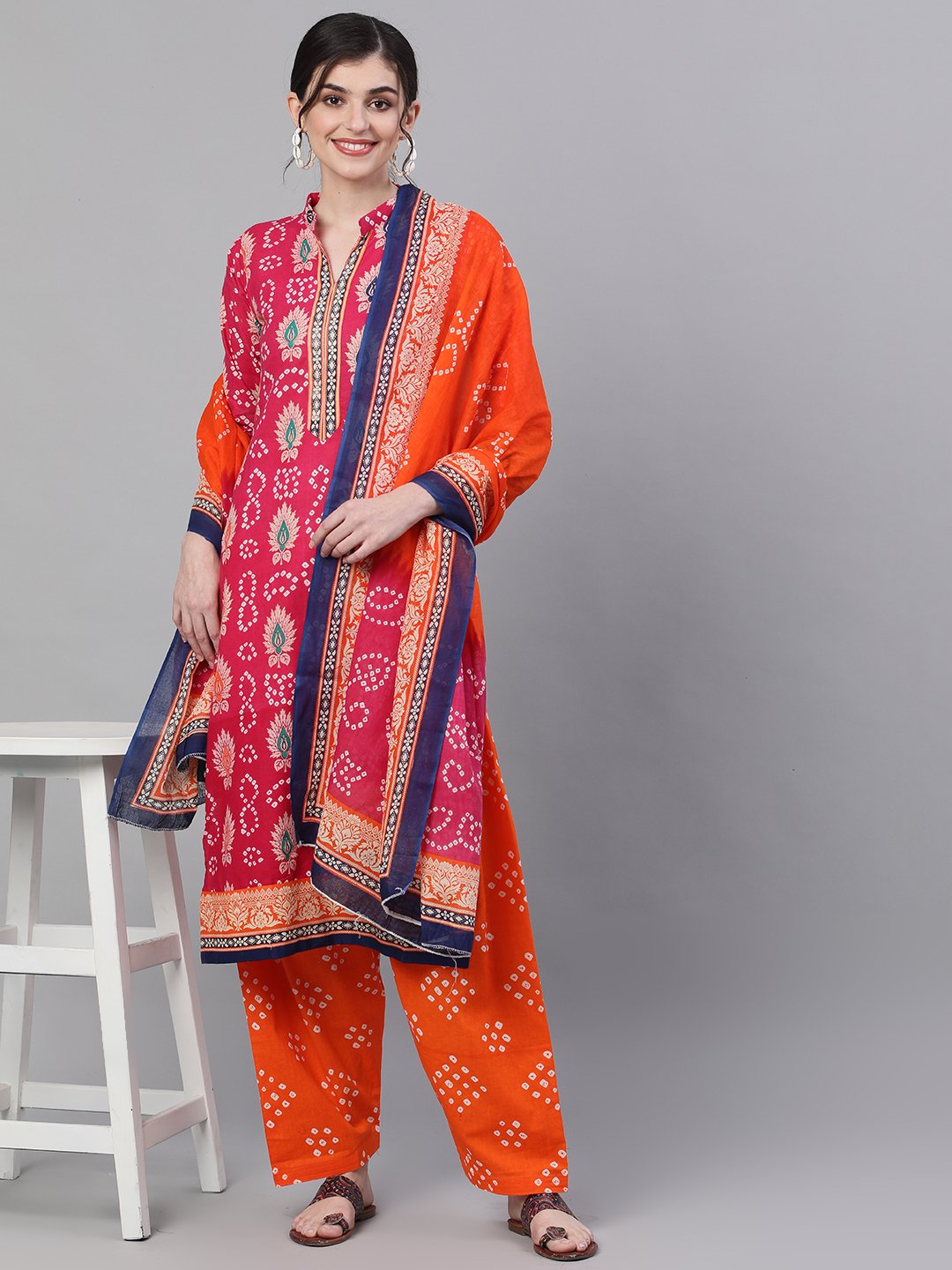 Ishin Women's Cotton Pink & Orange Bandhani Printed A-Line Kurta Salwar Dupatta Set