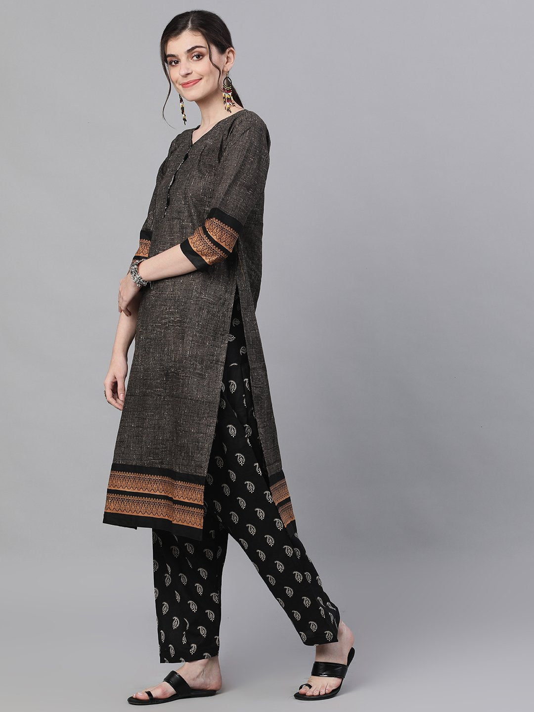 Ishin Women's Cotton Grey & Black Printed A-Line Kurta Salwar Dupatta Set