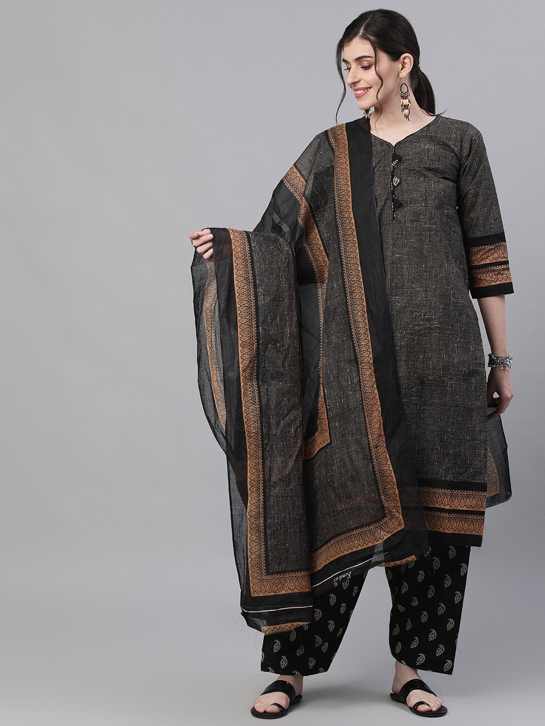 Ishin Women's Cotton Grey & Black Printed A-Line Kurta Salwar Dupatta Set