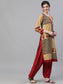 Ishin Women's Cotton Beige & Red Printed A-Line Kurta Salwar Dupatta Set