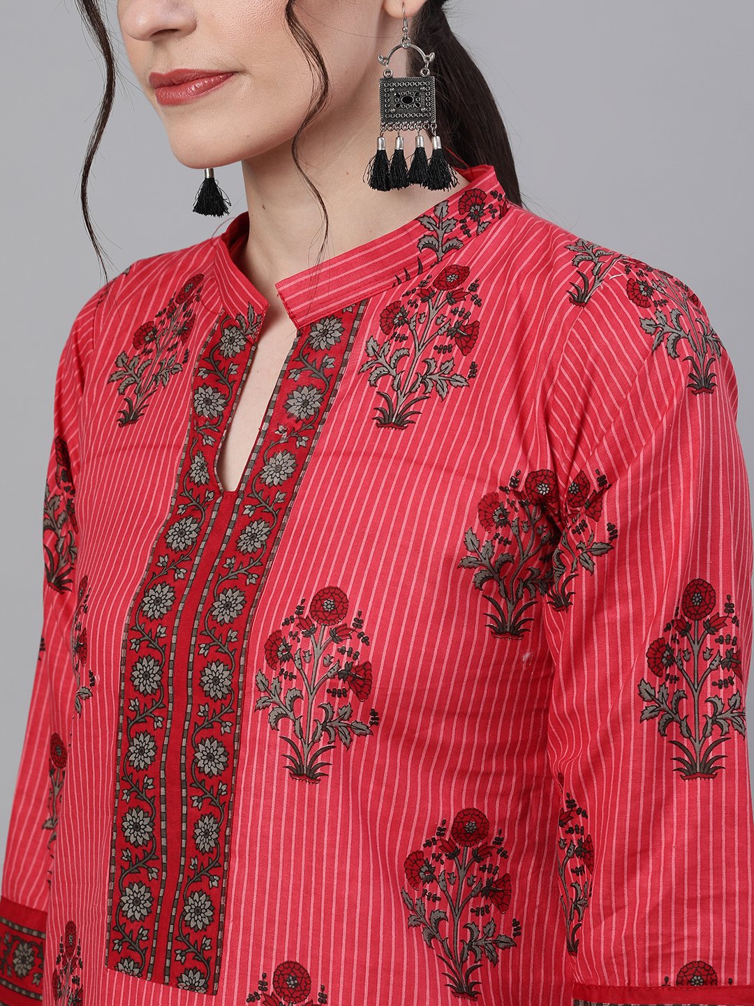 Ishin Women's Cotton Pink & Brown Printed A-Line Kurta Salwar Dupatta Set