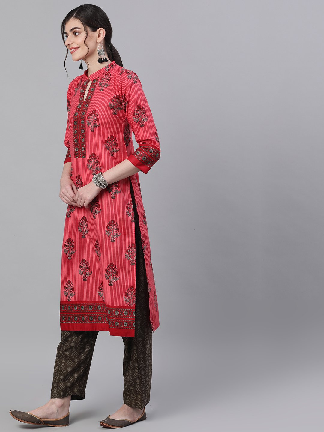 Ishin Women's Cotton Pink & Brown Printed A-Line Kurta Salwar Dupatta Set