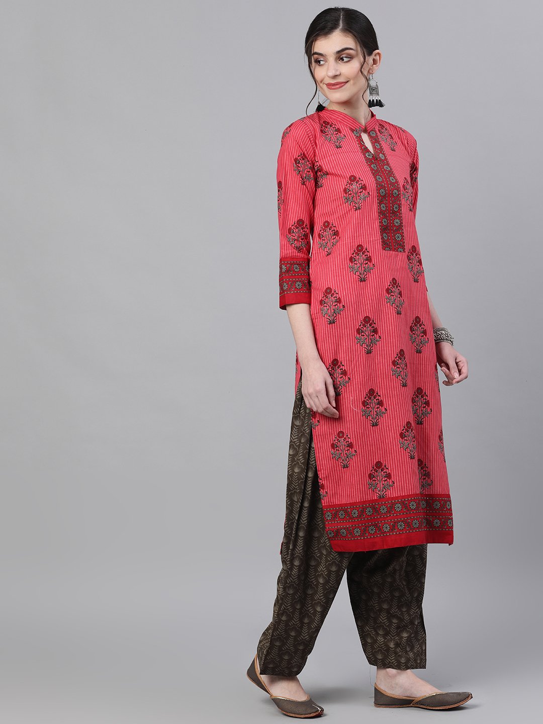 Ishin Women's Cotton Pink & Brown Printed A-Line Kurta Salwar Dupatta Set