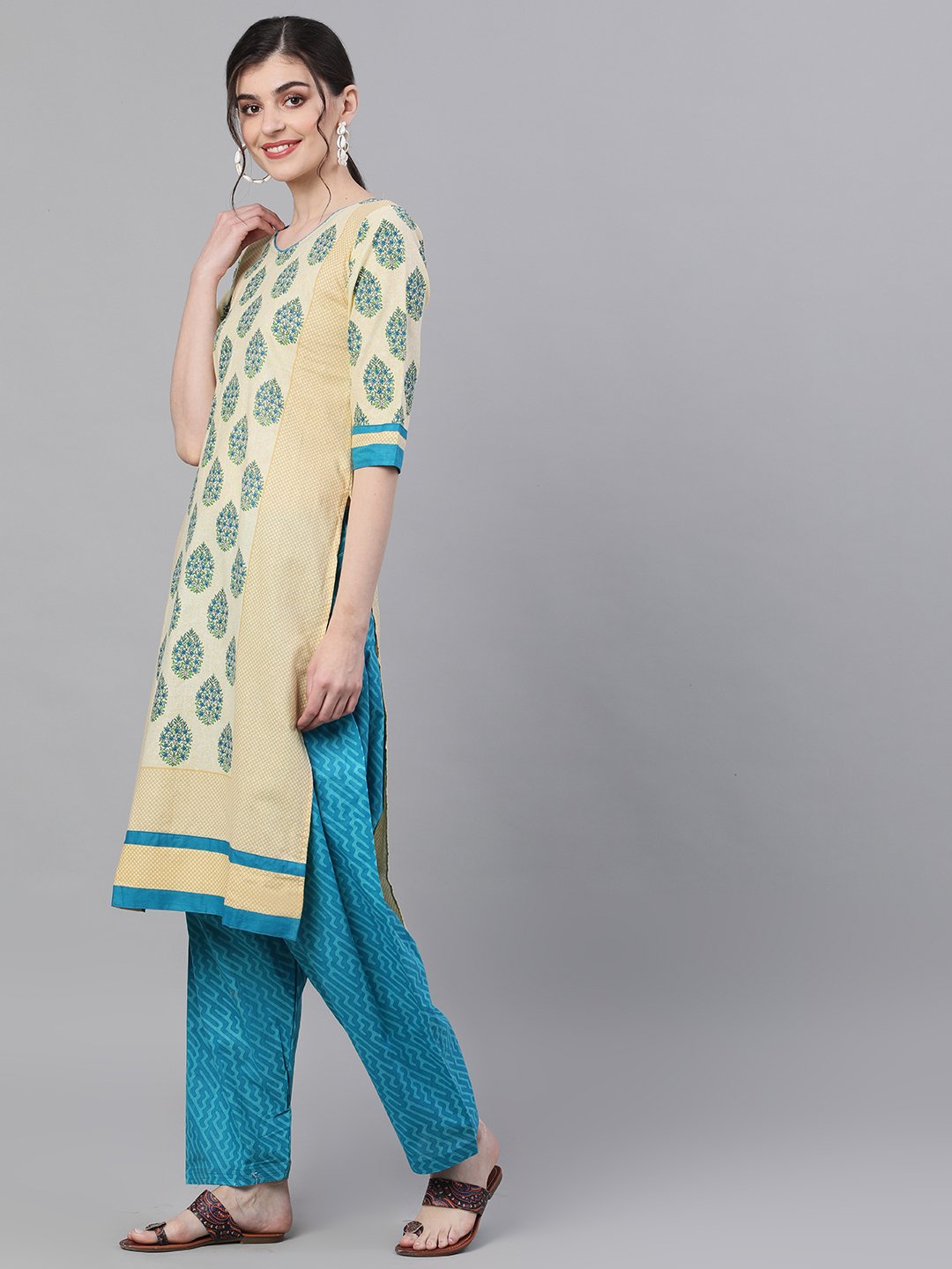 Ishin Women's Cotton Beige & Blue Printed A-Line Kurta Salwar Dupatta Set