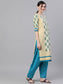 Ishin Women's Cotton Beige & Blue Printed A-Line Kurta Salwar Dupatta Set