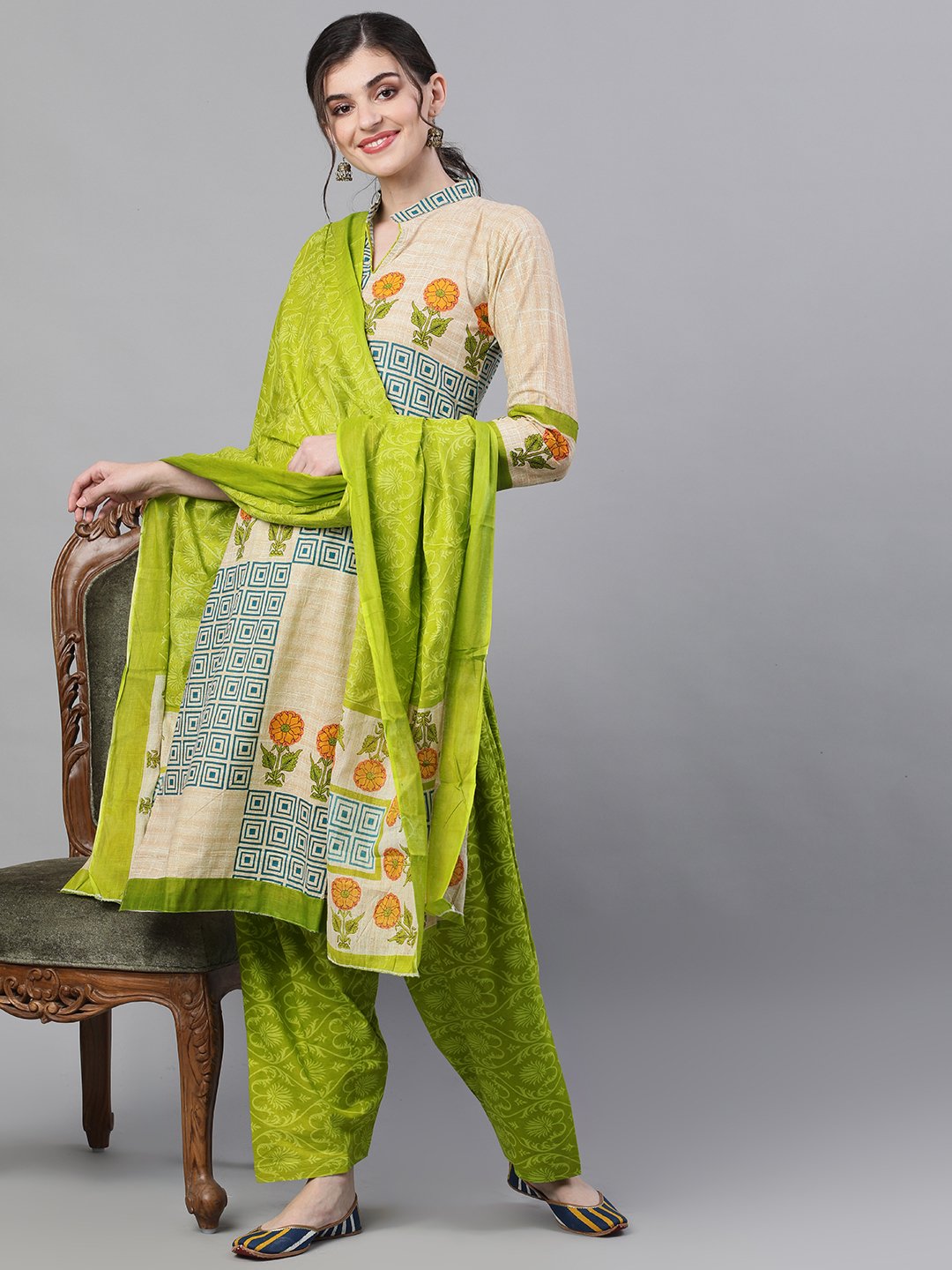 Ishin Women's Cotton Beige & Green Printed A-Line Kurta Salwar Dupatta Set