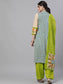 Ishin Women's Cotton Beige & Green Printed A-Line Kurta Salwar Dupatta Set