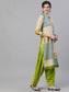 Ishin Women's Cotton Beige & Green Printed A-Line Kurta Salwar Dupatta Set