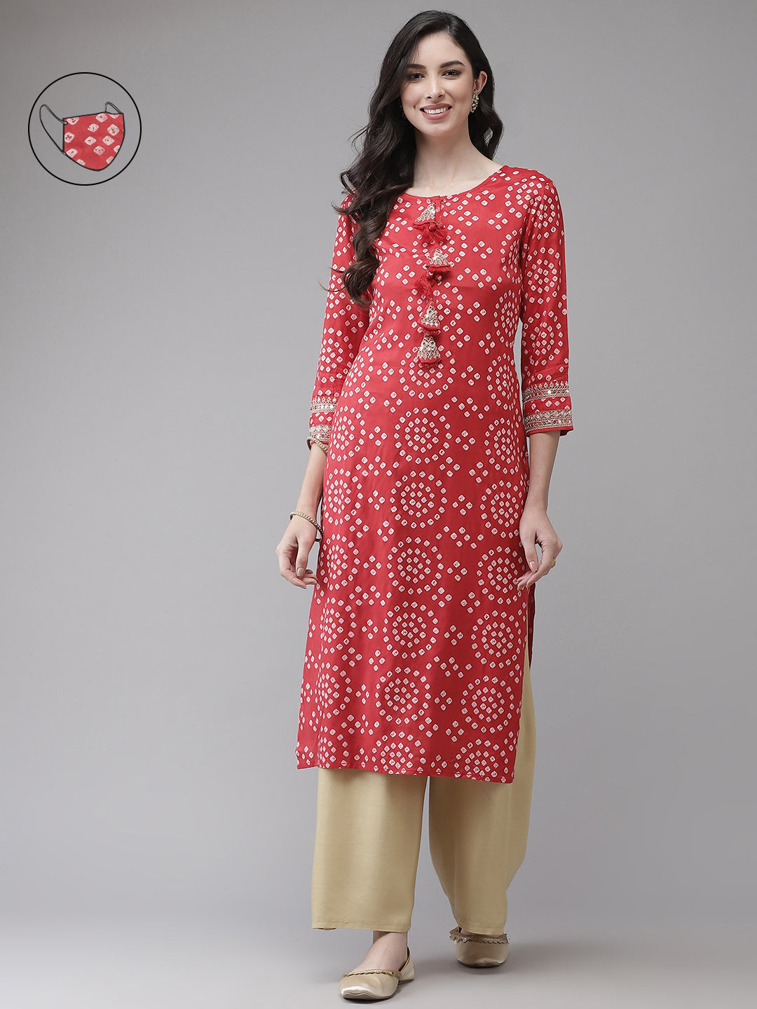 Ishin Women's Silk Blend Red Embroidered A-Line Bandhani Kurta