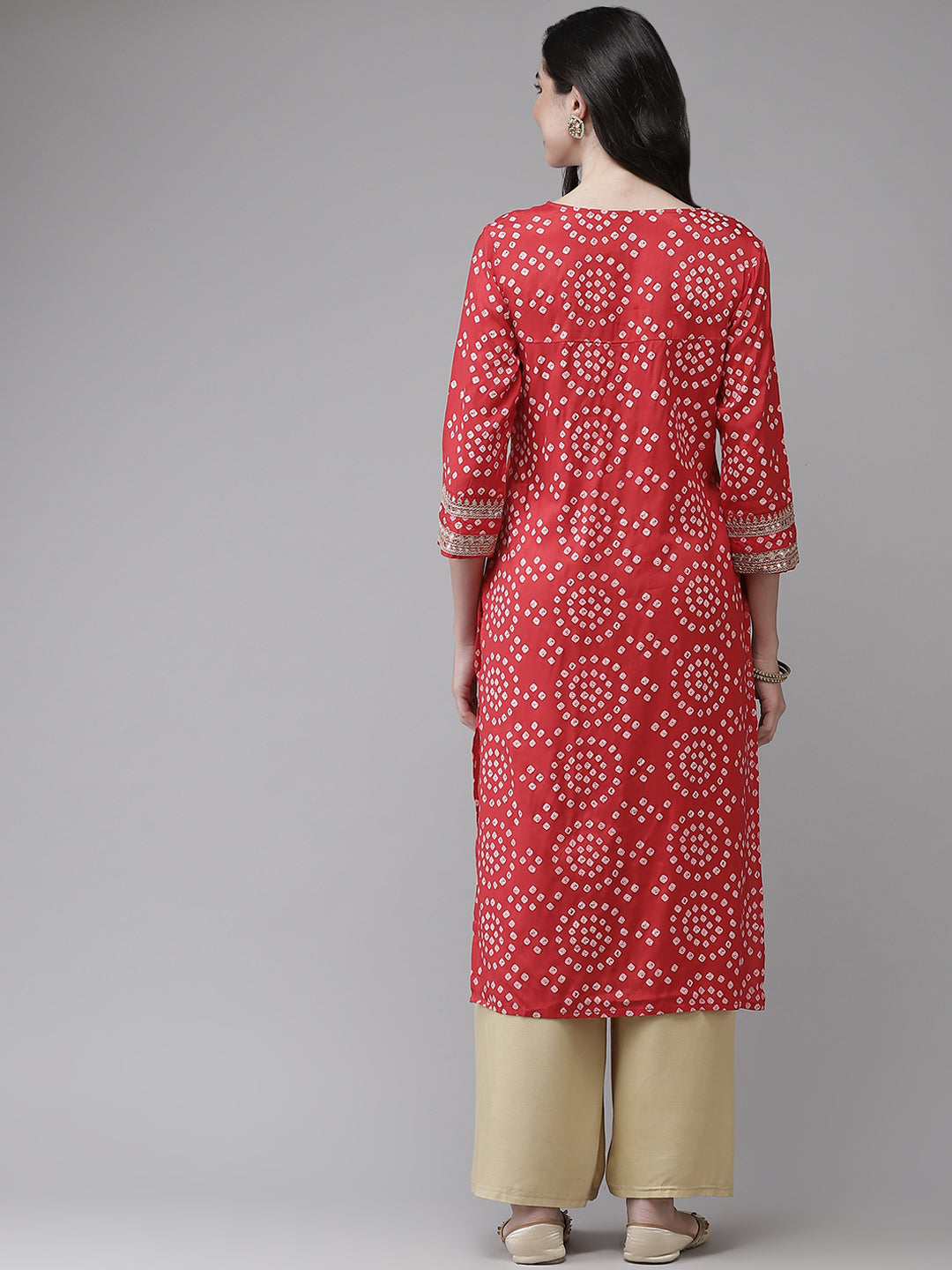 Ishin Women's Silk Blend Red Embroidered A-Line Bandhani Kurta