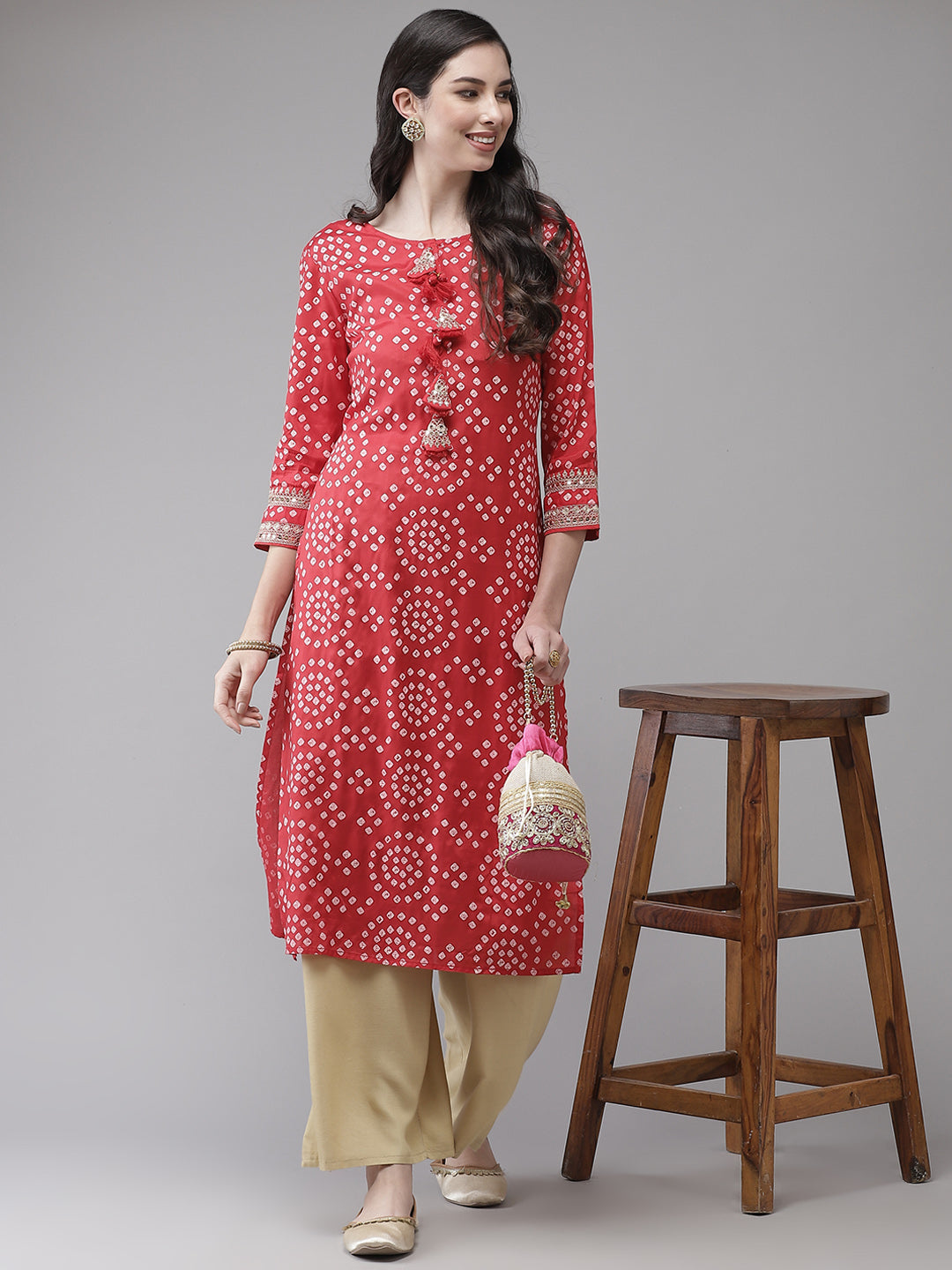 Ishin Women's Silk Blend Red Embroidered A-Line Bandhani Kurta