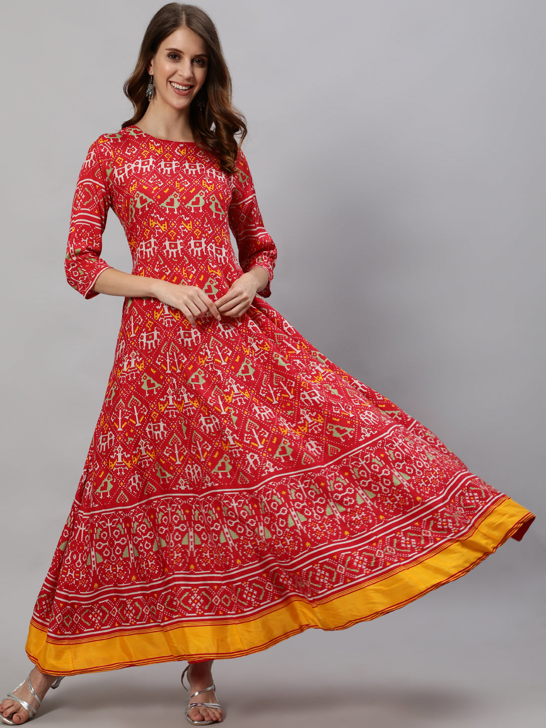 Ishin Women's Red Patola Panelled Anarkali Kurta