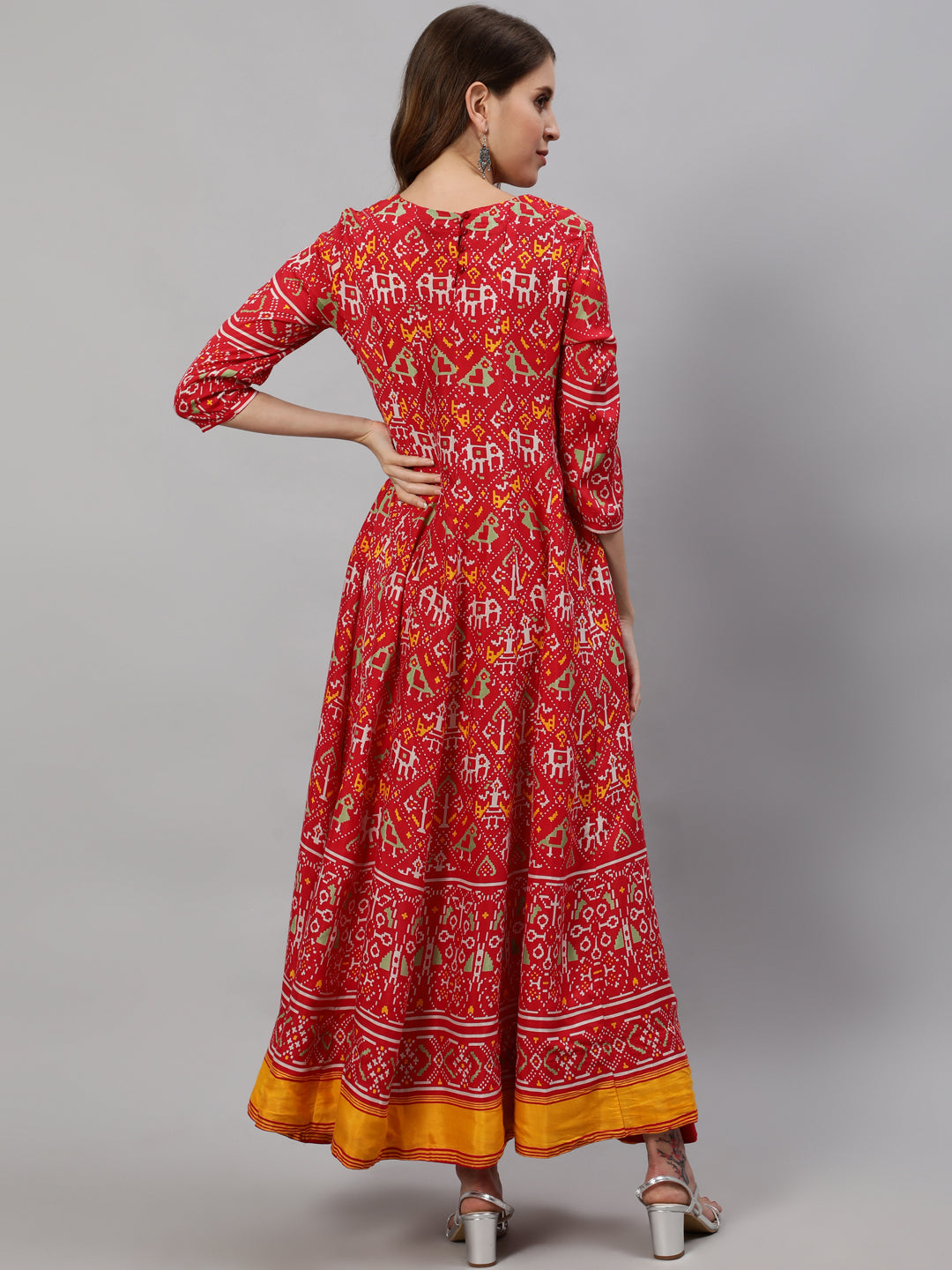 Ishin Women's Red Patola Panelled Anarkali Kurta