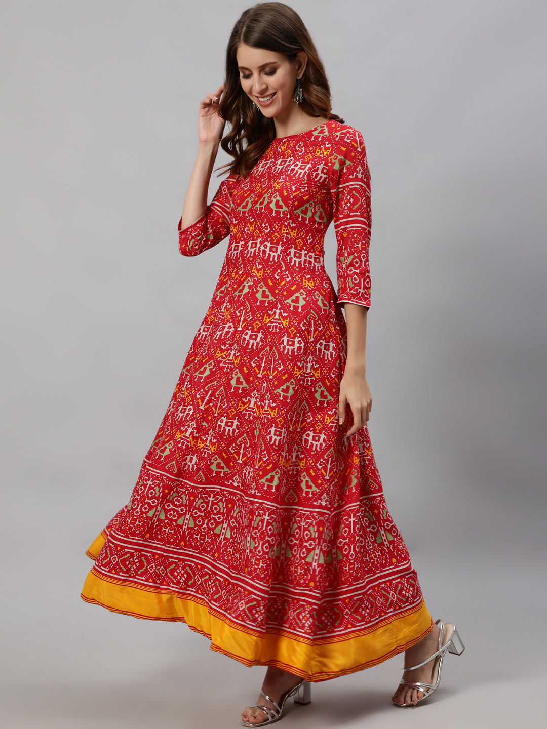 Ishin Women's Red Patola Panelled Anarkali Kurta