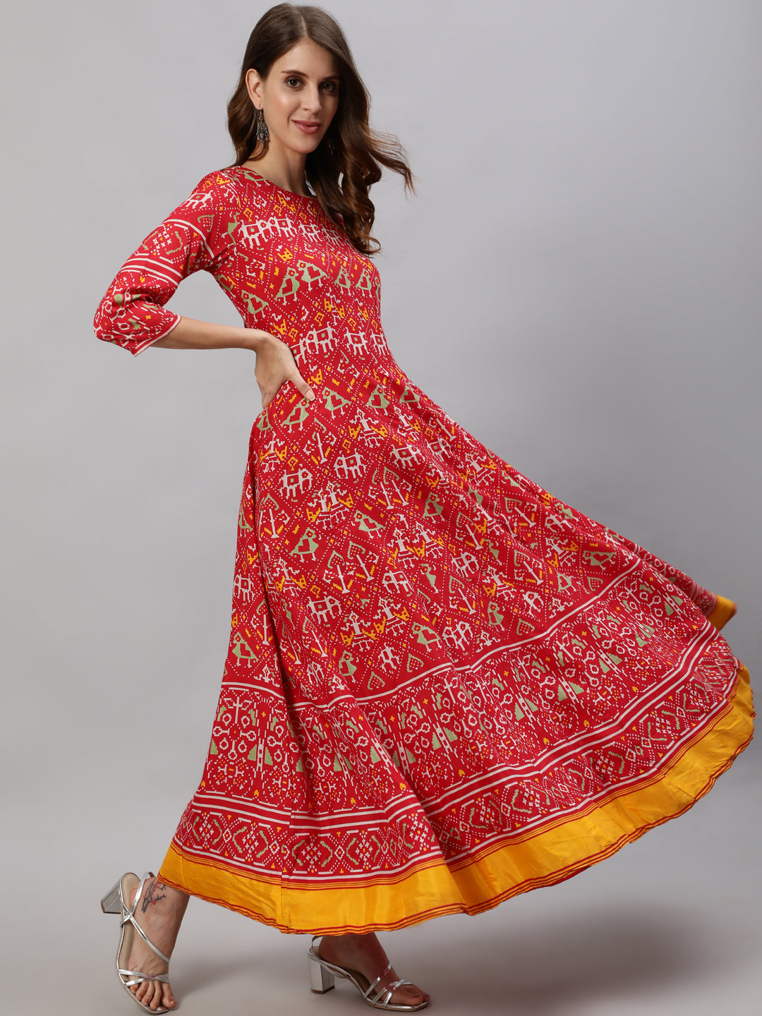 Ishin Women's Red Patola Panelled Anarkali Kurta