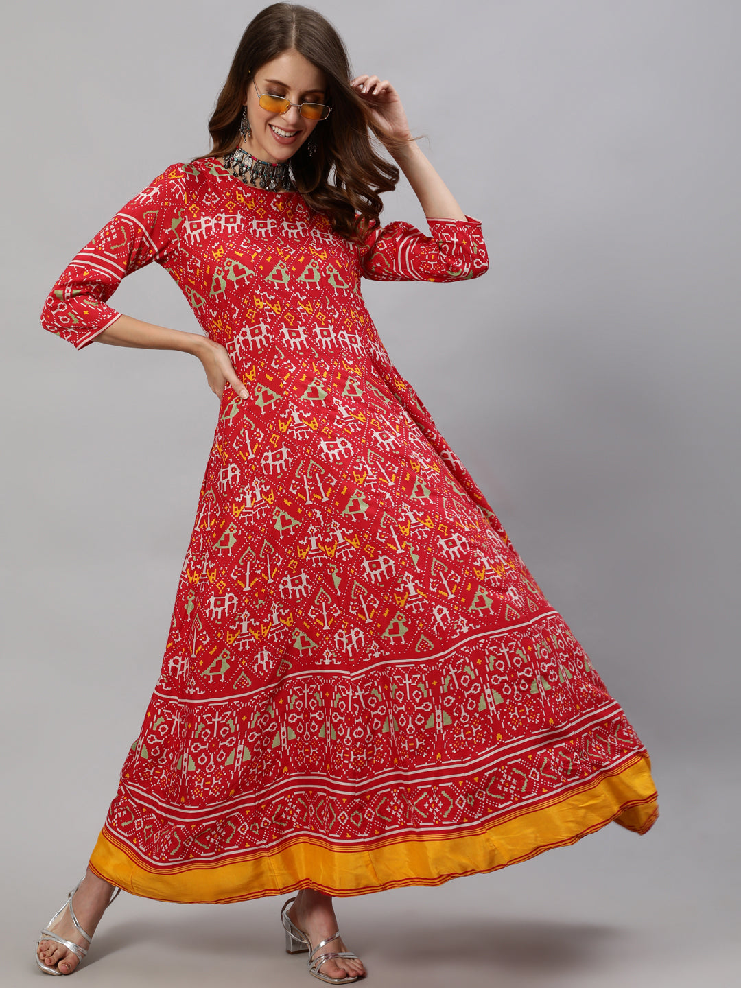 Ishin Women's Red Patola Panelled Anarkali Kurta