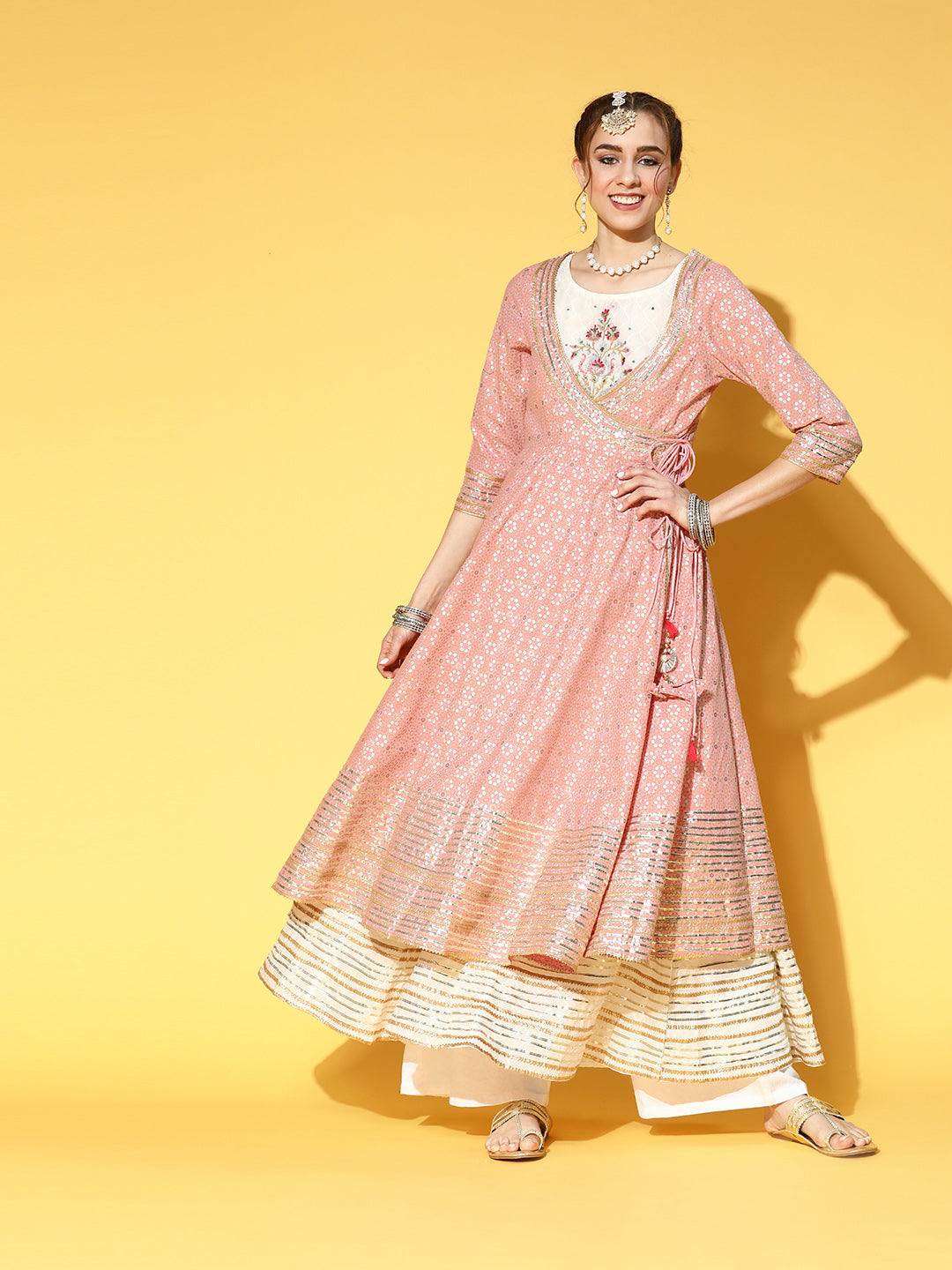 Ishin Women's Cotton Pink & White Embroidered Anarkali Kurta With Jacket