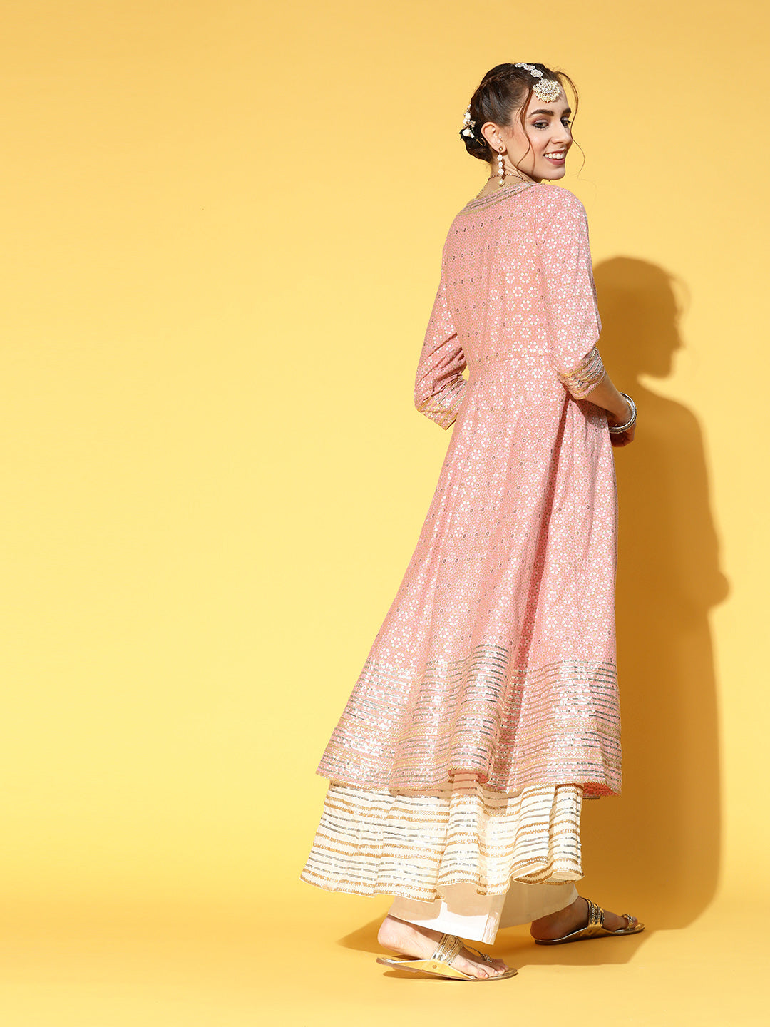 Ishin Women's Cotton Pink & White Embroidered Anarkali Kurta With Jacket