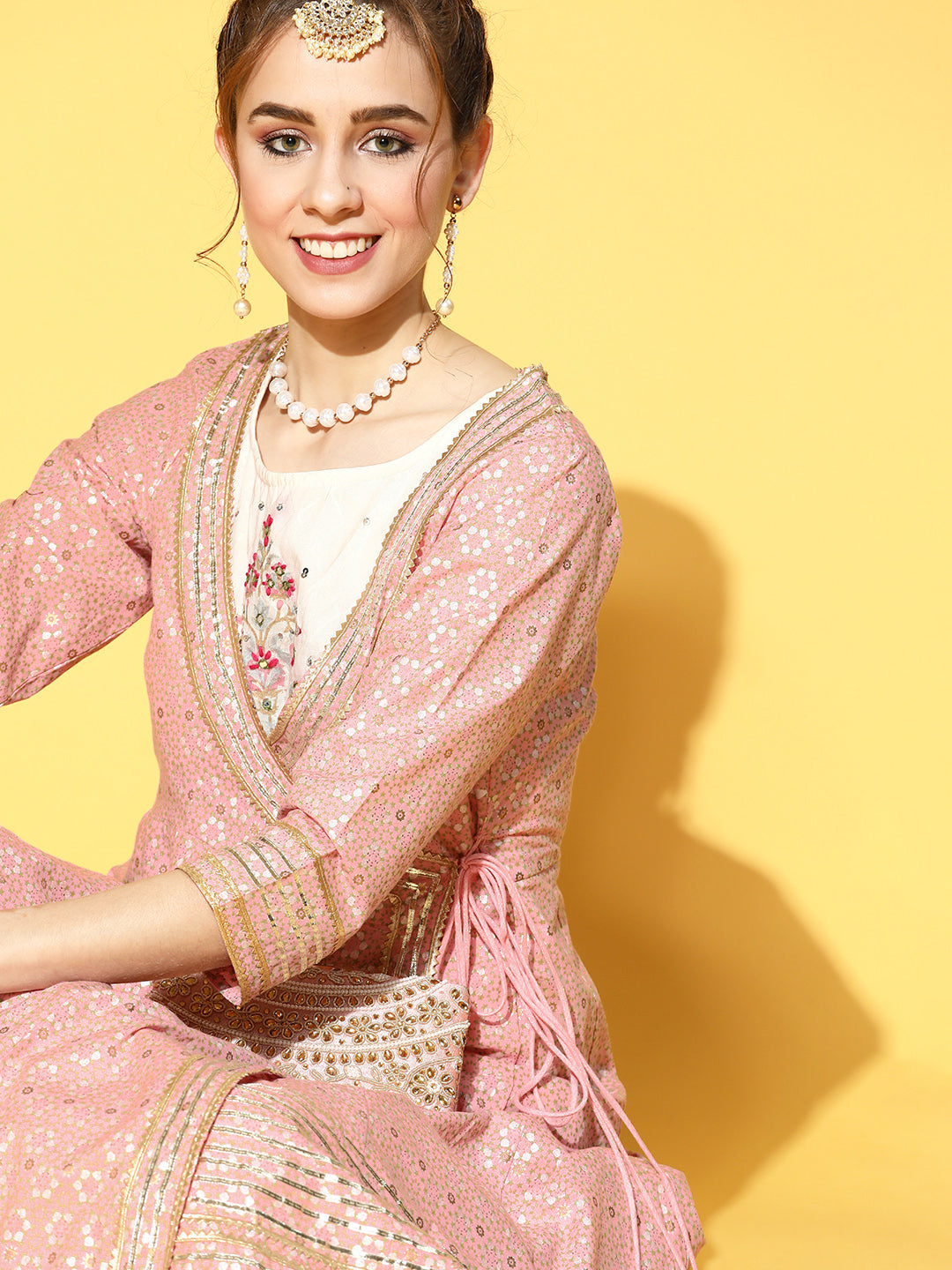 Ishin Women's Cotton Pink & White Embroidered Anarkali Kurta With Jacket