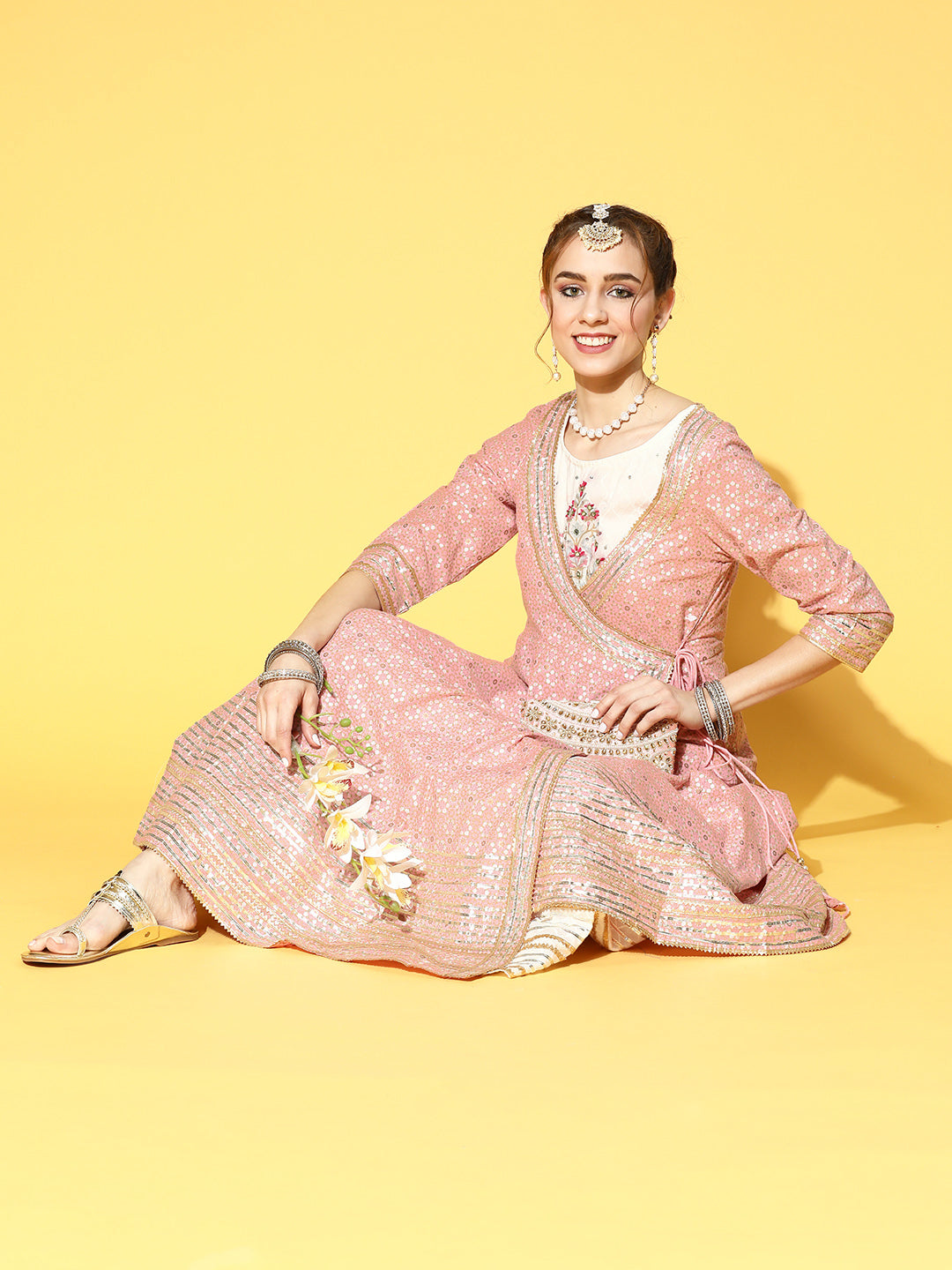 Ishin Women's Cotton Pink & White Embroidered Anarkali Kurta With Jacket