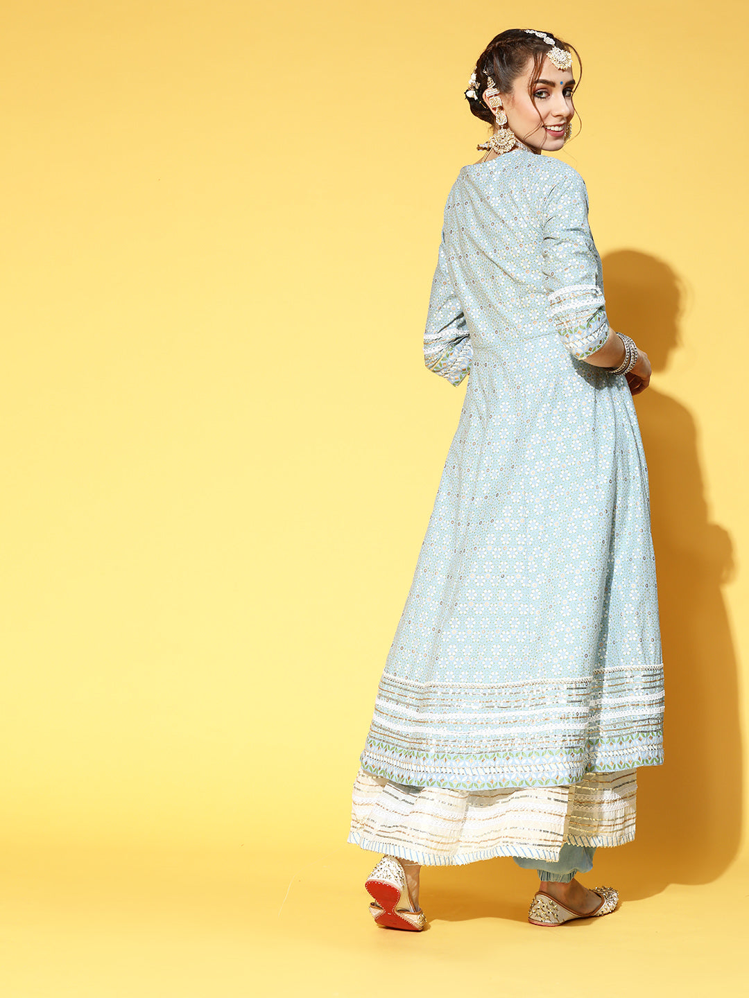 Blue & White Embroidered Anarkali Kurta With Angrakha Jacket