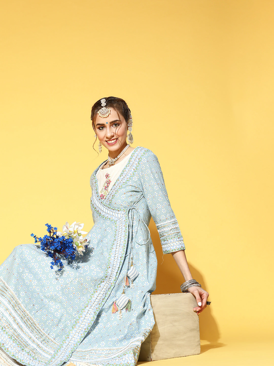 Blue & White Embroidered Anarkali Kurta With Angrakha Jacket