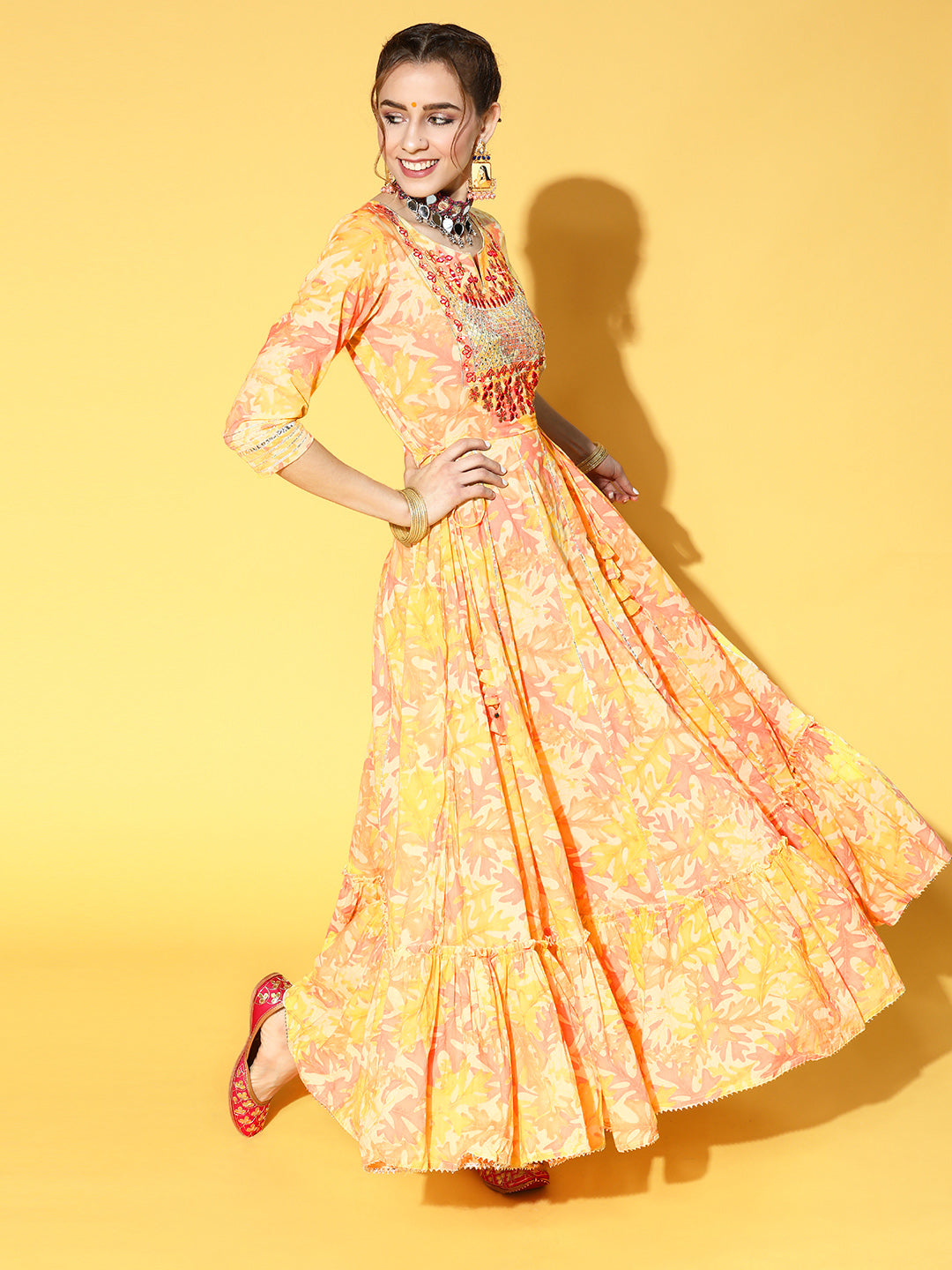 Ishin Women's Cotton Blend Yellow Embroidered Anarkali Kurta
