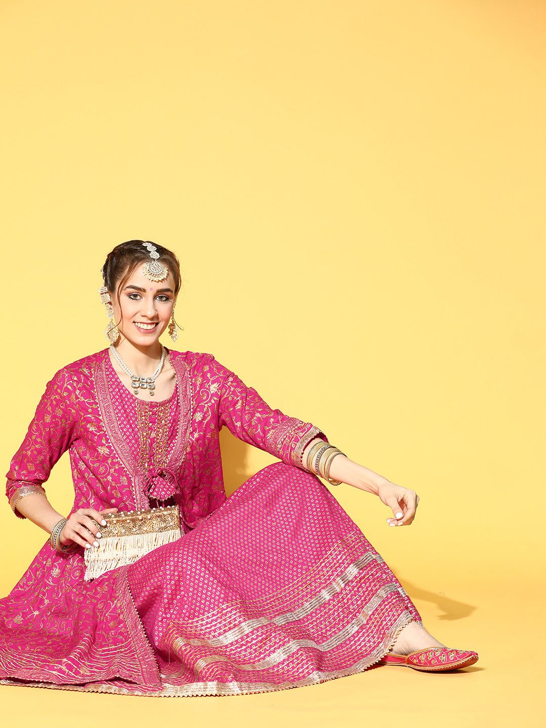 Ishin Women's Cotton Pink Embroidered Anarkali Kurta With Jacket