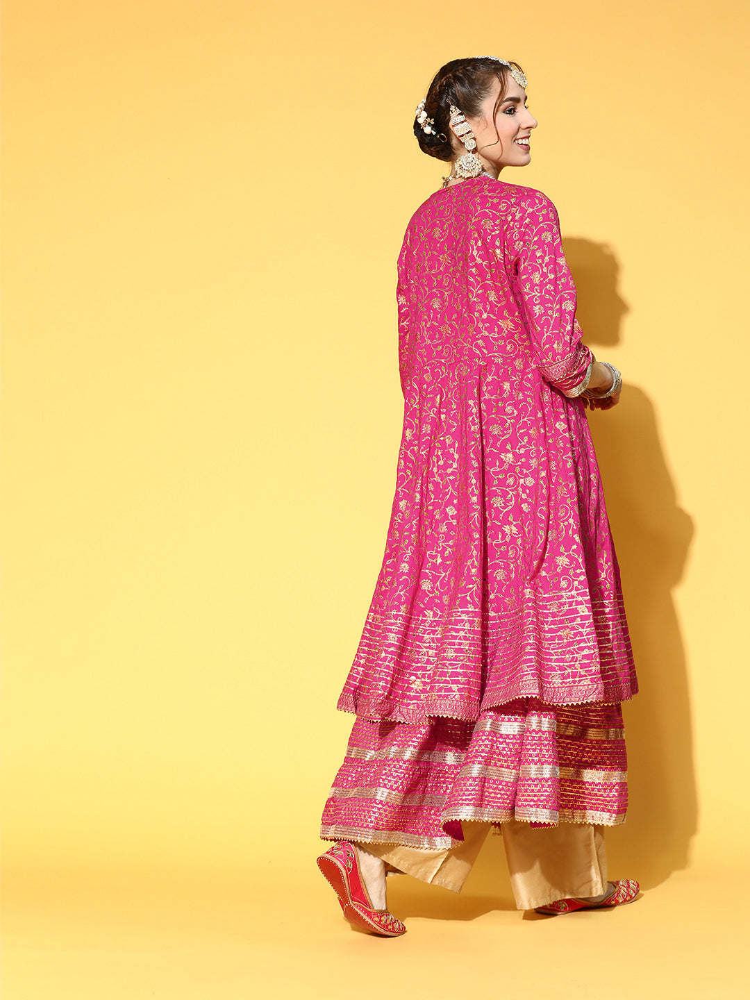 Ishin Women's Cotton Pink Embroidered Anarkali Kurta With Jacket