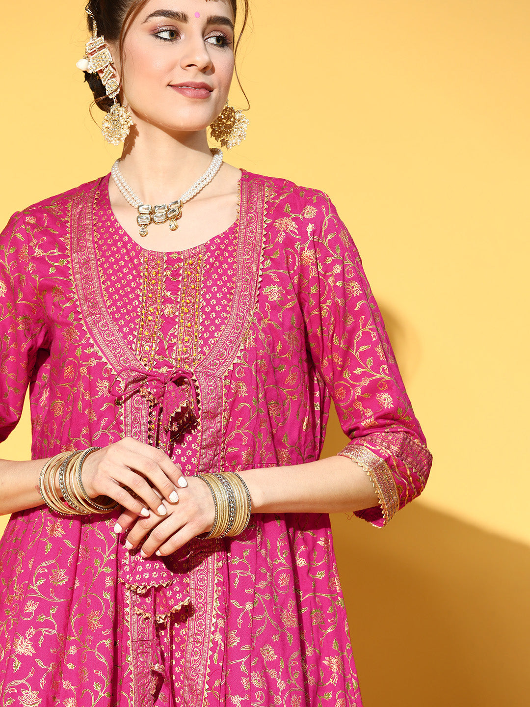 Ishin Women's Cotton Pink Embroidered Anarkali Kurta With Jacket